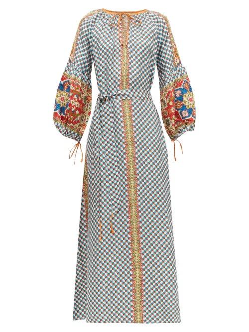 Matchesfashion.com D'ascoli - Byzantium Balloon Sleeve Printed Silk Twill Dress - Womens - Blue Multi