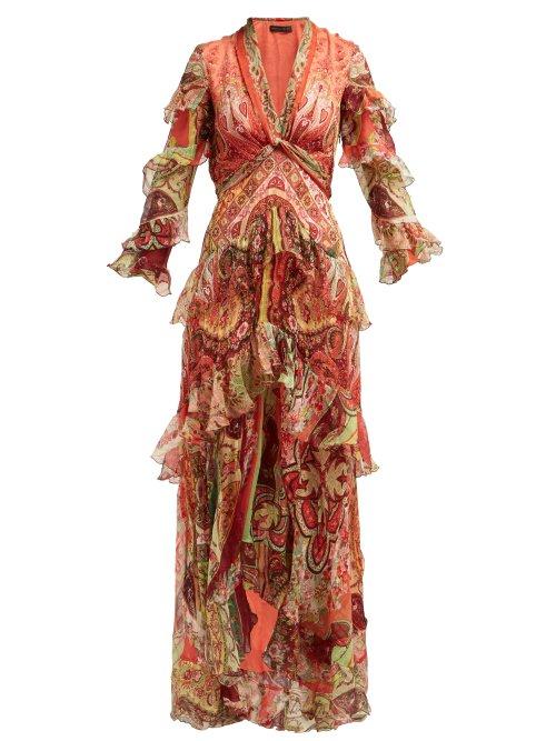 Matchesfashion.com Etro - Ruffled Paisley Print Silk Chiffon Gown - Womens - Red Print
