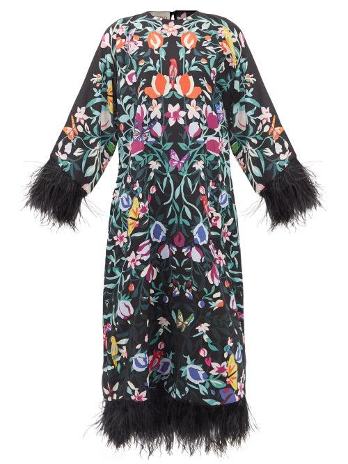 Valentino - Garden-print Feather-trim Silk Crepe De Chine Gown - Womens - Black Multi