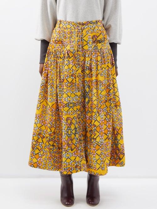 Wiggy Kit - Cordy Geometric-print Corduroy Skirt - Womens - Gold