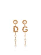 Matchesfashion.com Dolce & Gabbana - Asymmetric Dg Logo And Faux Pearl Drop Earrings - Womens - Gold