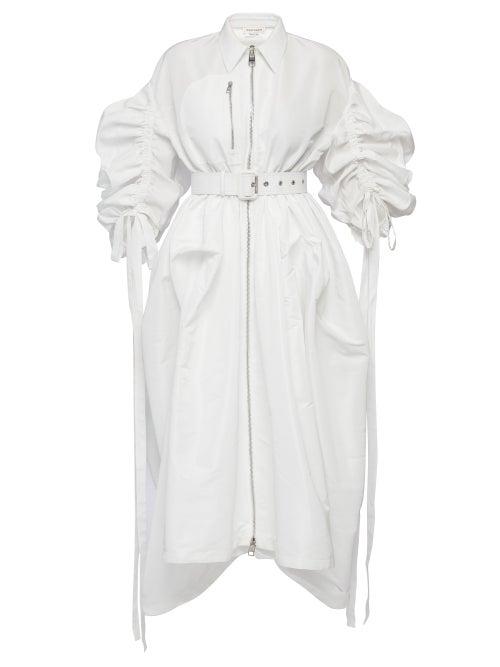 Alexander Mcqueen - Belted Gathered-sleeve Poplin Shirt Dress - Womens - White
