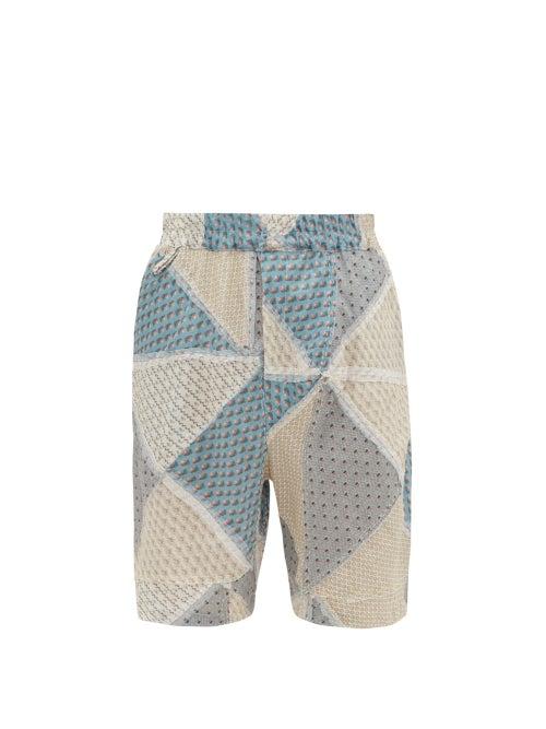 Matchesfashion.com By Walid - Lorenzo Pyramid-patchwork Cotton-poplin Shorts - Mens - Blue Multi