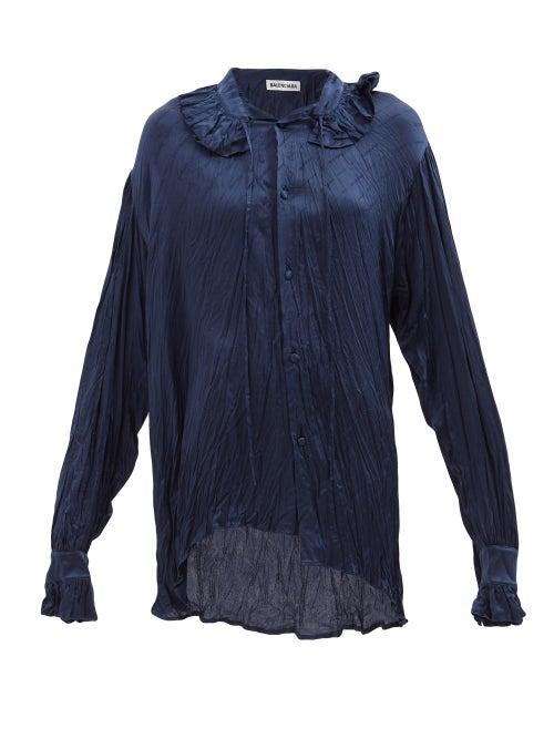 Balenciaga - Asymmetric Logo-jacquard Silk-satin Blouse - Womens - Blue