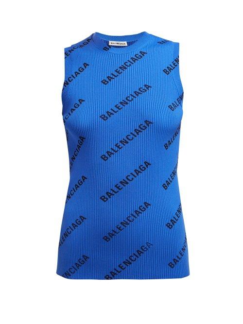 Matchesfashion.com Balenciaga - Logo Print Ribbed Knit Sleeveless Top - Womens - Black Blue