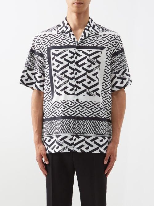 Versace - La Greca-print Cotton-blend Short-sleeved Shirt - Mens - Black And White