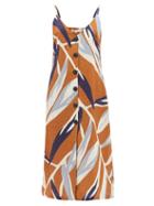 Ladies Beachwear Cala De La Cruz - Luisa Leaf-print Linen Midi Dress - Womens - Orange Multi