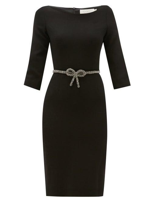 Matchesfashion.com Goat - Impact Crystal Bow Belt Wool Crepe Dress - Womens - Black