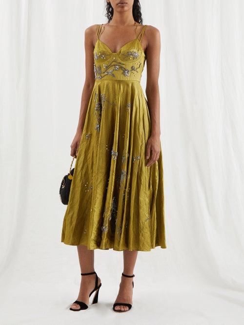 Erdem - Rea Floral-embroidered Satin Midi Dress - Womens - Bronze Multi