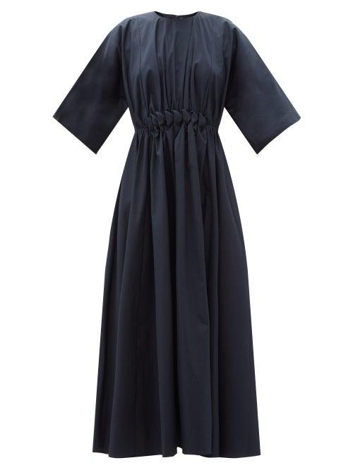 Matchesfashion.com Roksanda - Manu Smocked Cotton-poplin Dress - Womens - Navy