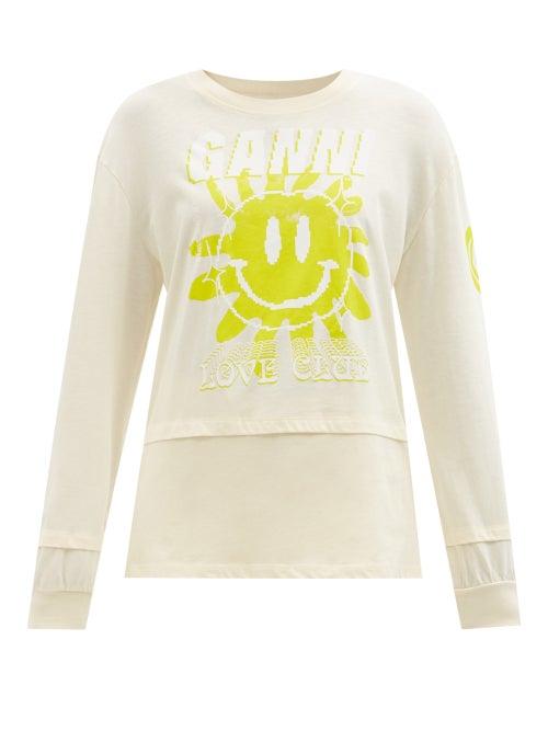 Ganni - Logo-print Jersey Long-sleeved T-shirt - Womens - Cream Multi