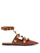 Matchesfashion.com Valentino Garavani - Roman Stud Point-toe Backless Leather Flats - Womens - Tan