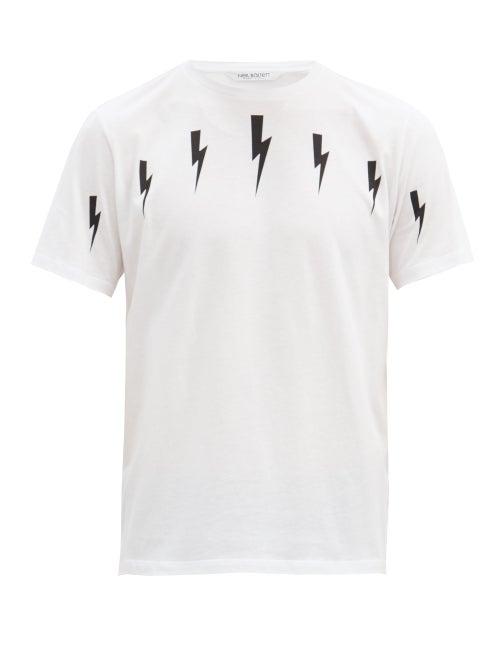Matchesfashion.com Neil Barrett - Lightning Bolt-print Cotton-blend T-shirt - Mens - White