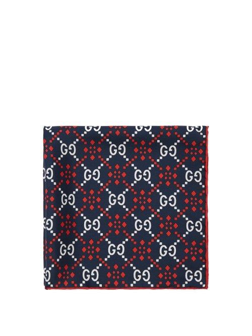 Matchesfashion.com Gucci - Gg Logo Print Silk Pocket Square - Mens - Navy