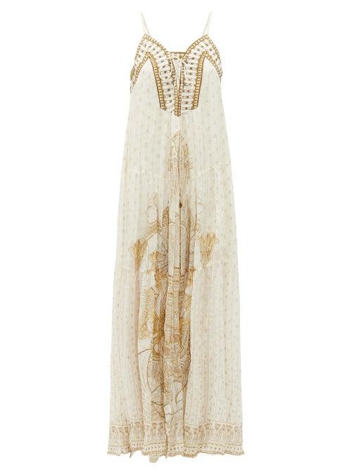 Matchesfashion.com Camilla - The Queen Lace-up Embroidered Silk Dress - Womens - White Gold
