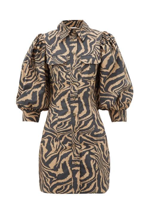 Matchesfashion.com Ganni - Puff-sleeve Tiger-print Cotton Shirtdress - Womens - Black Beige