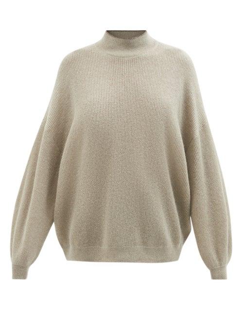 Brunello Cucinelli - High-neck Metallic Ribbed-knit Sweater - Womens - Light Green