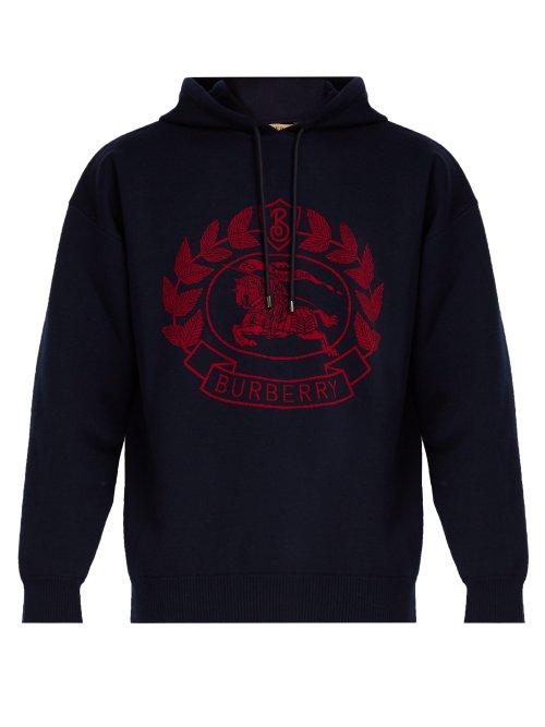 Matchesfashion.com Burberry - Logo Intarsia Hooded Wool Blend Sweatshirt - Mens - Navy