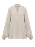 Matchesfashion.com Raey - Gathered Balloon Sleeved Silk Crepe De Chine Top - Womens - Grey