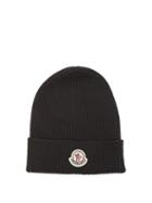 Moncler - Logo-patch Ribbed-knit Wool Beanie Hat - Mens - Black