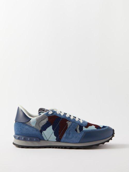 Valentino Garavani - Rockrunner Camouflage-jacquard Leather Trainers - Mens - Blue Multi