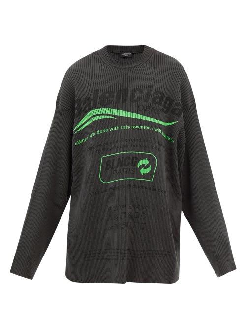 Balenciaga - Oversized Logo-print Ribbed-knit Cotton Sweater - Mens - Grey