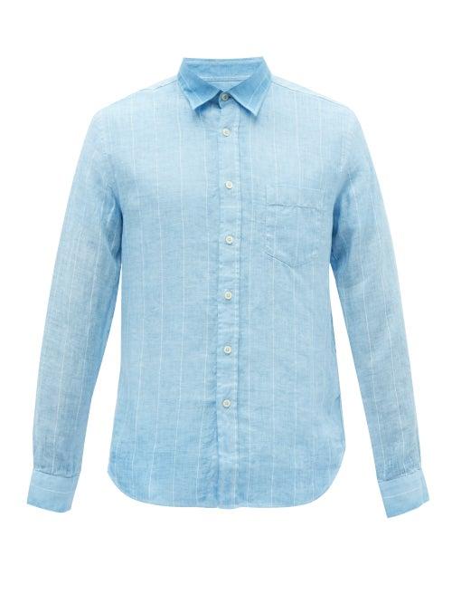 120 Lino 120% Lino - Striped Hopsack-linen Long-sleeved Shirt - Mens - Blue