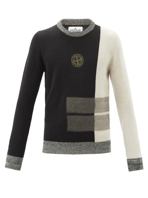 Matchesfashion.com Stone Island - Logo-embroidered Panelled Wool-blend Sweater - Mens - Black