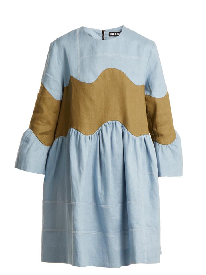 House Of Holland Wave-panel Bell-sleeved Linen Dress