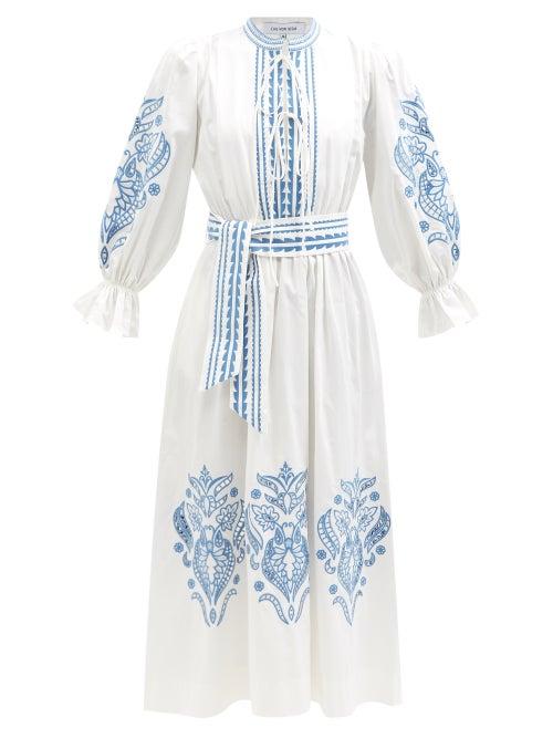 Lug Von Siga - Florence Broderie-anglaise Cotton-poplin Dress - Womens - White Blue
