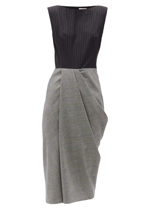 Matchesfashion.com Alexander Mcqueen - Pinstripe And Checked Wool-blend Midi Dress - Womens - Grey Multi