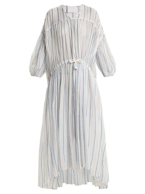 Matchesfashion.com Love Binetti - Drawstring Waist Striped Cotton Dress - Womens - Blue Stripe
