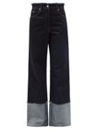 Ladies Rtw Jw Anderson - Logo-embroidered Raw-edge Wide-leg Jeans - Womens - Dark Denim
