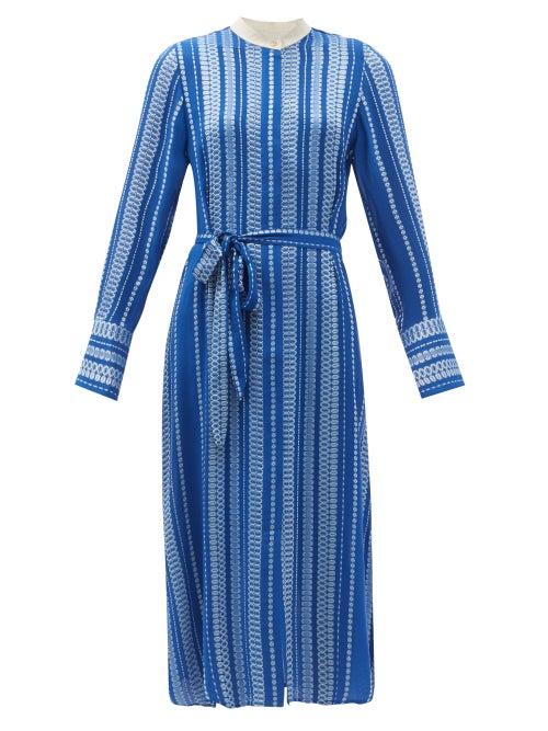Matchesfashion.com Zeus + Dione - Dione Belted Embroidered Silk-blend Shirt Dress - Womens - Blue Stripe