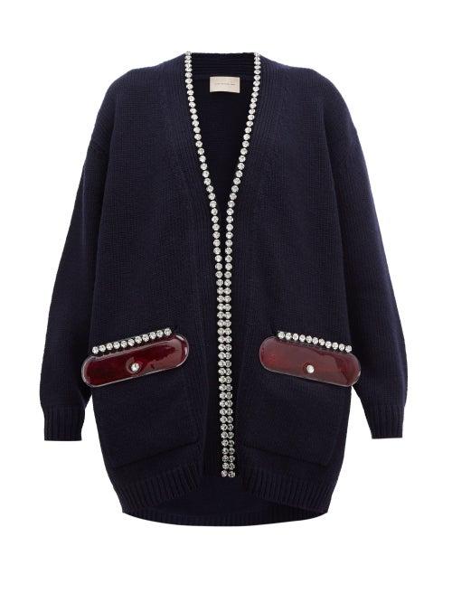 Matchesfashion.com Christopher Kane - Pvc Pocket Crystal Embellished Wool Cardigan - Womens - Navy