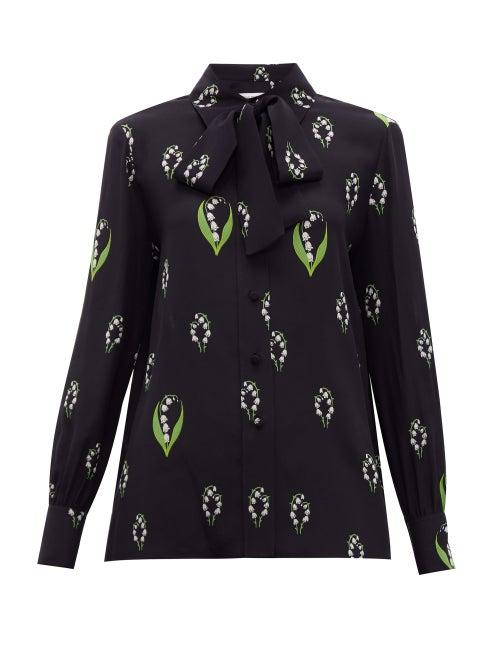 Matchesfashion.com Valentino - Lily Of The Valley Print Pussy Bow Silk Blouse - Womens - Black Multi