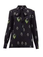Matchesfashion.com Valentino - Lily Of The Valley Print Pussy Bow Silk Blouse - Womens - Black Multi