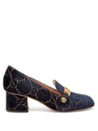 Matchesfashion.com Gucci - Sylvie Logo Debossed Velvet Loafers - Womens - Blue