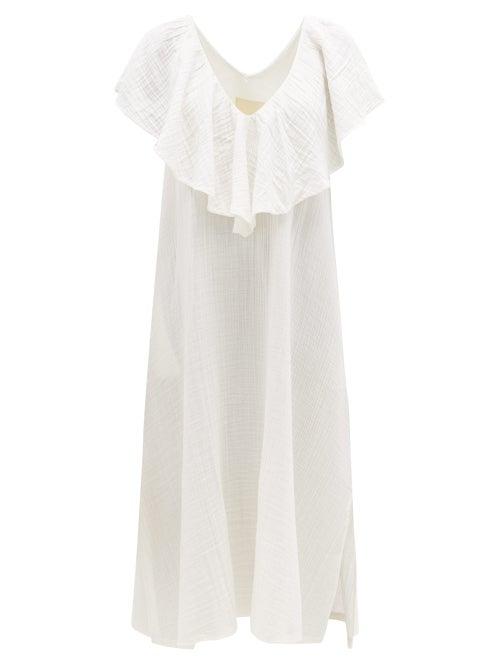 Matchesfashion.com Anaak - Brigitte Ruffle V-neck Cotton-muslin Dress - Womens - White