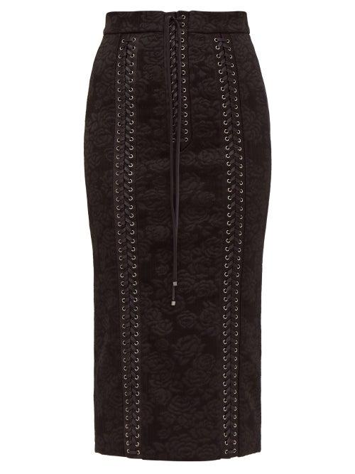 Matchesfashion.com Dolce & Gabbana - Lace Up Floral Jacquard Pencil Skirt - Womens - Black
