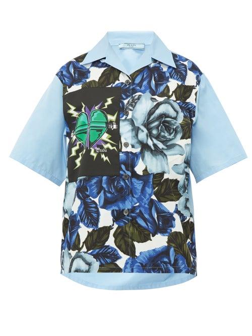 Matchesfashion.com Prada - Rose And Heart Print Cotton Shirt - Womens - Light Blue