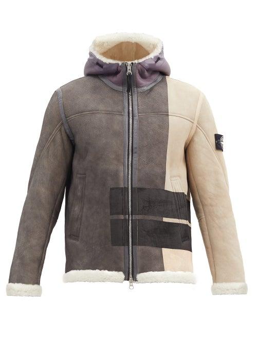 Matchesfashion.com Stone Island - Logo-print Hooded Shearling-lined Leather Jacket - Mens - Grey