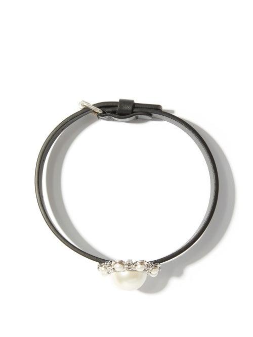 Matchesfashion.com Alessandra Rich - Faux-pearl And Crystal Leather Choker - Womens - Pearl