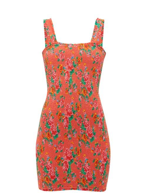 Matchesfashion.com Rhode - Jasmine Floral Print Shirred Cotton Mini Dress - Womens - Red Print