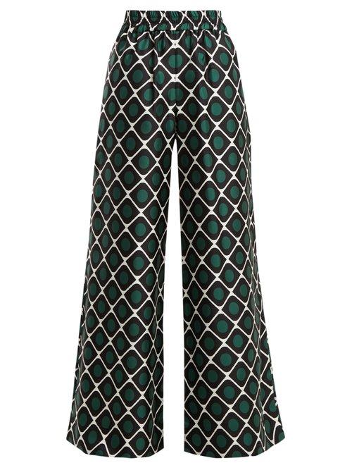 Matchesfashion.com La Doublej - Palazzo Geometric Print Wide Leg Silk Trousers - Womens - Green Print
