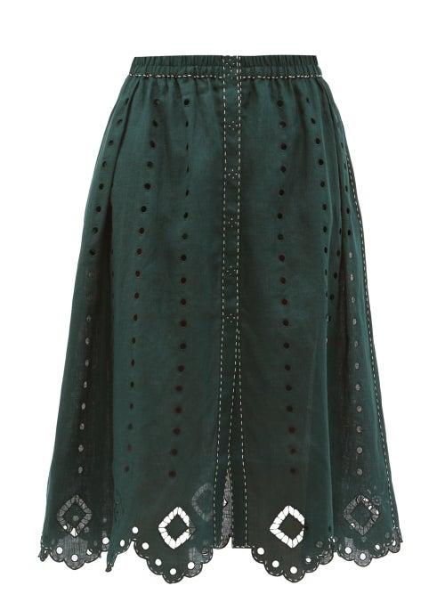 Matchesfashion.com Vita Kin - Charlie Broderie-anglaise Linen Midi Skirt - Womens - Dark Green