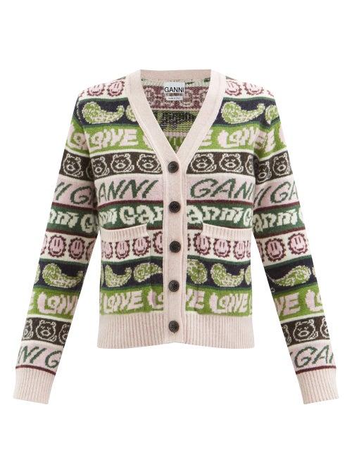 Ganni - Logo-intarsia Recycled-wool Blend Cardigan - Womens - Multi