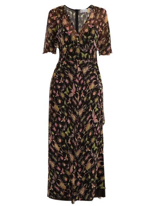 Matchesfashion.com Redvalentino - Bug Print V Neck Silk Chiffon Midi Dress - Womens - Black Multi