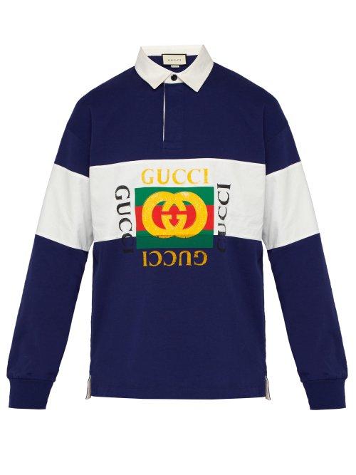 Matchesfashion.com Gucci - Fake Logo Cotton Jersey Rugby Shirt - Mens - Navy