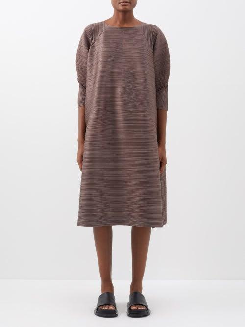 Pleats Please Issey Miyake - Balloon-sleeve Technical-pleated Midi Dress - Womens - Brown